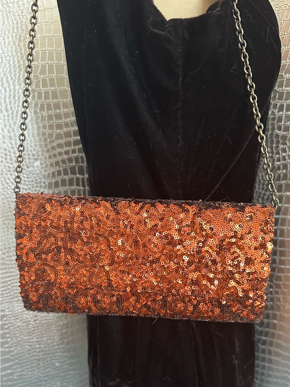 Jessica McClintock Vintage Orange Sequin Clutch with Chain Strap